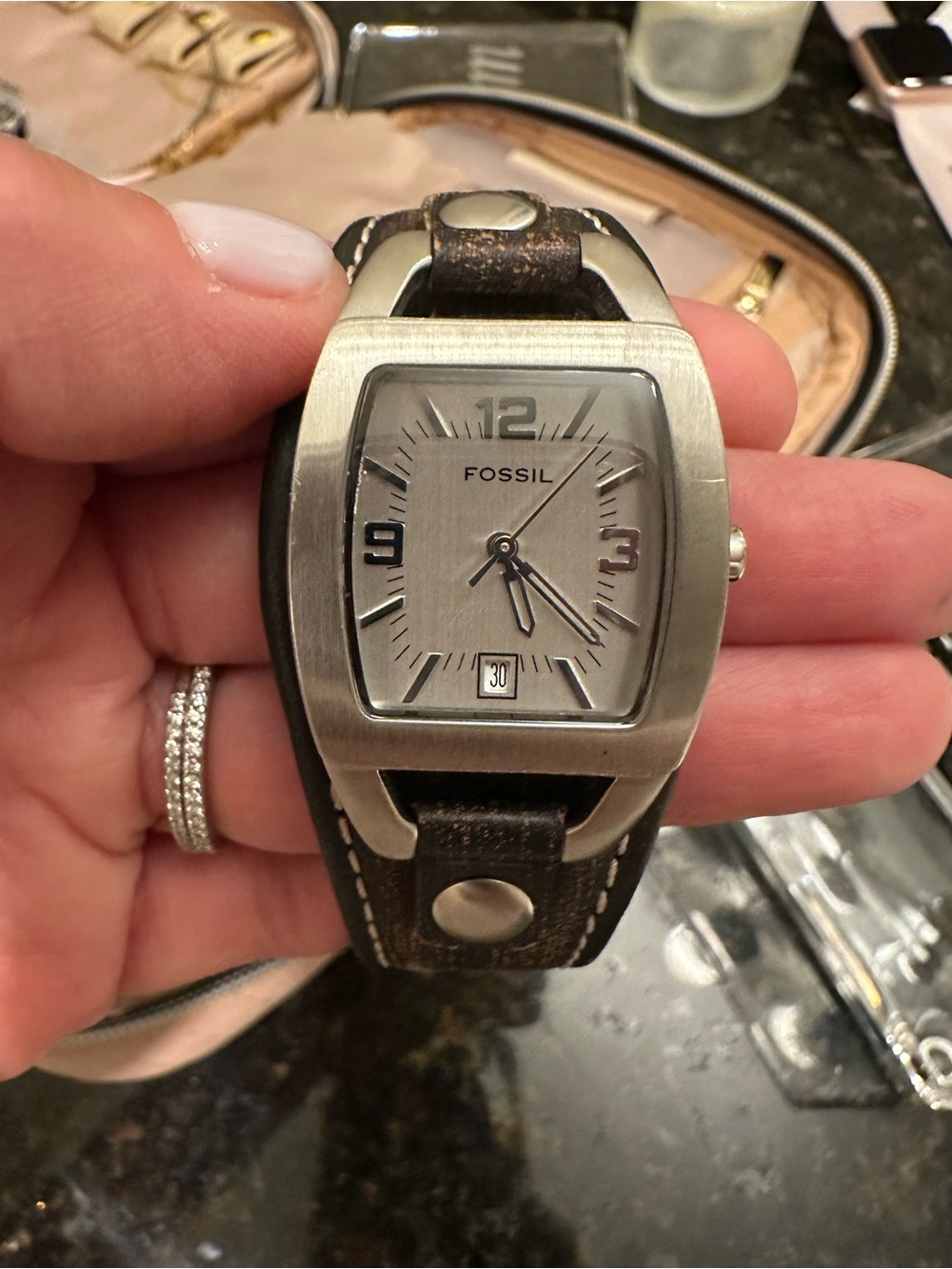 Fossil Women’s stainless steel watch with Dark Brown Leather Strap